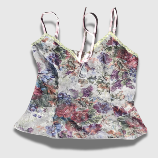 Fairy Coquette Floral Mesh Camisole – Sheer Lace Trim Tie-Up Crop Top