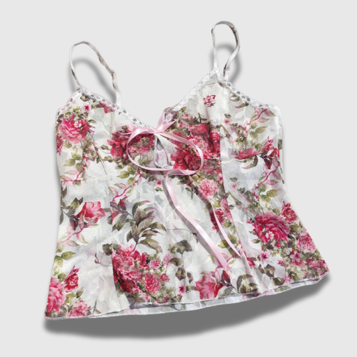 Fairy Coquette Floral Mesh Camisole – Sheer Lace Trim Tie-Up Crop Top