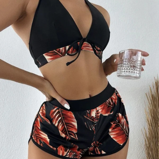 Leaf Print 3-Piece Bikini Set