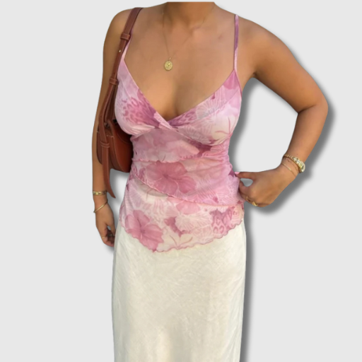 Women Summer Vintage Y2K Floral Mesh Spaghetti Strap Crop Tank
