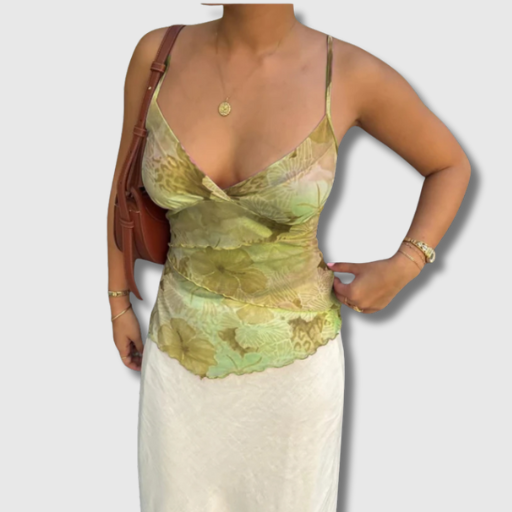Women Summer Vintage Y2K Floral Mesh Spaghetti Strap Crop Tank