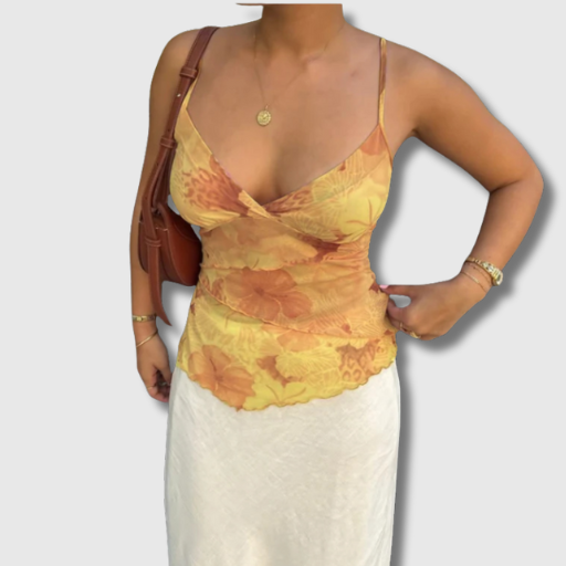 Women Summer Vintage Y2K Floral Mesh Spaghetti Strap Crop Tank