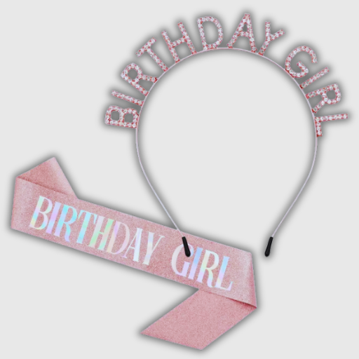 Birthday Crown & Sash Set – Rose Gold Rhinestone Tiara + Glitter Sash